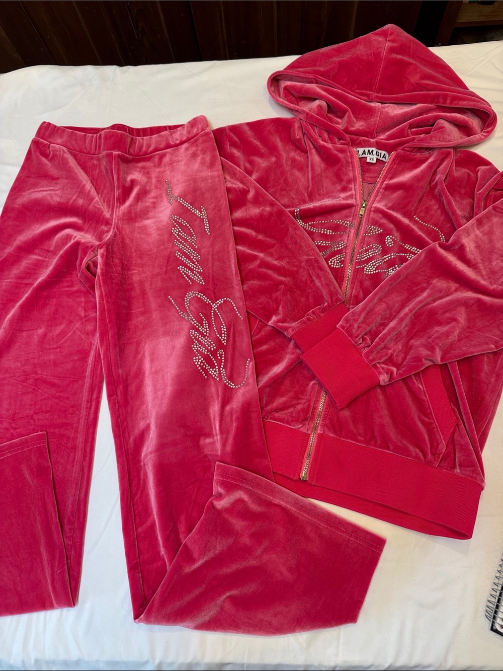 I am Gia Hot Pink Velour angel wing Rhinestone Zip Hoodie & Joggers See pics